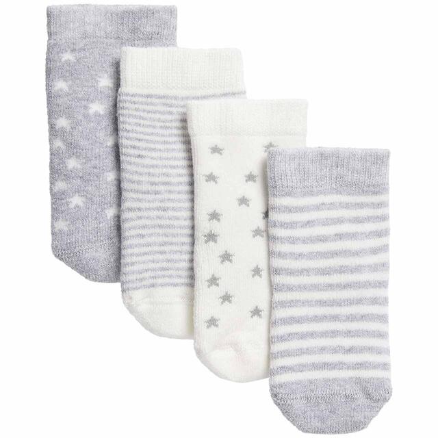 M&S Unisex Cotton Terry Baby Socks, 4 Pack, 0-24 Months,  Grey Mix