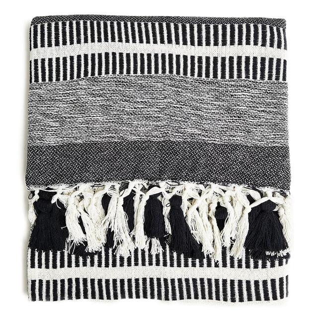 M&S Cotton Rich Woven Monochrome Stripe Throw, One Size, Cream Mix