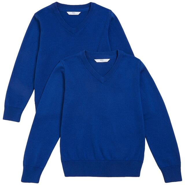 M&S Unisex 2Pk Cotton Jumper, Blue, 3-14 Y