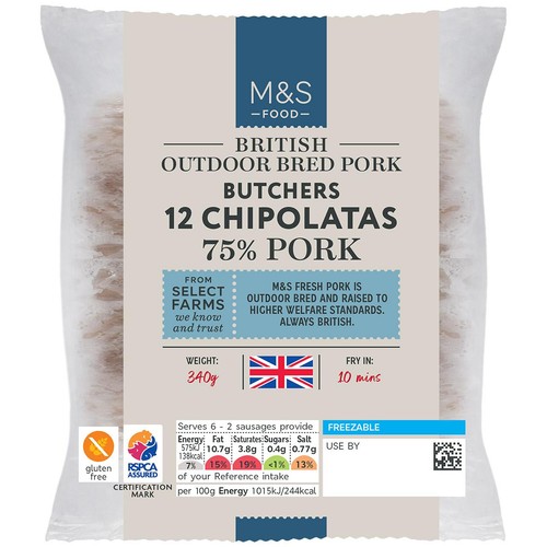 M&S 12 Pork Chipolatas 75% Pork