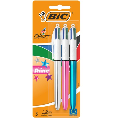 BIC 4 Colours Shine Retractable Ballpoint Pens, Pack of 3