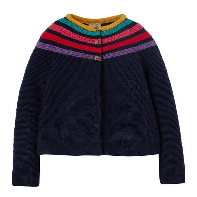 Frugi GOTS Organic Gabbie Cardigan, Navy/Rainbow, 2-3 years
