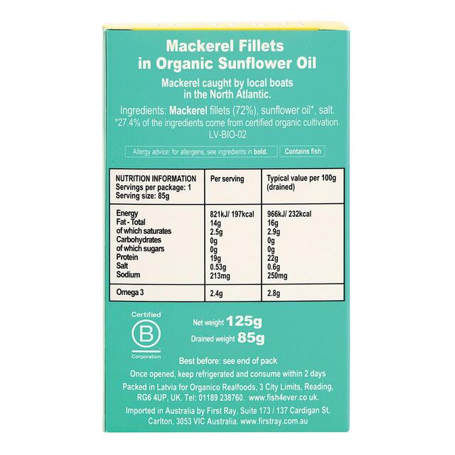 Fish 4 Ever Mackerel Fillets in Organic Sunflower Oil thumbnail 2