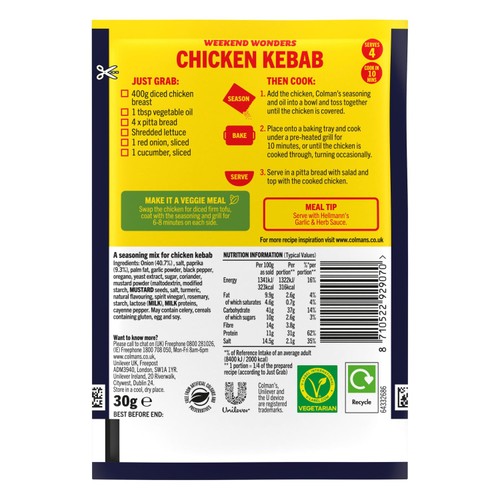 Colman's Weekend Wonders Chicken Kebab Recipe Mix thumbnail 2