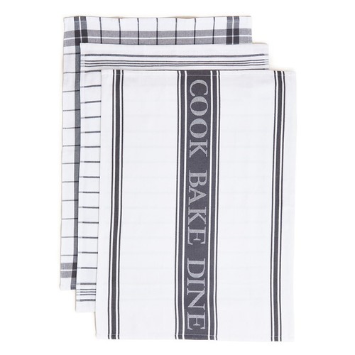 M&S Set of 3 Striped Tea Towels, Dark Grey