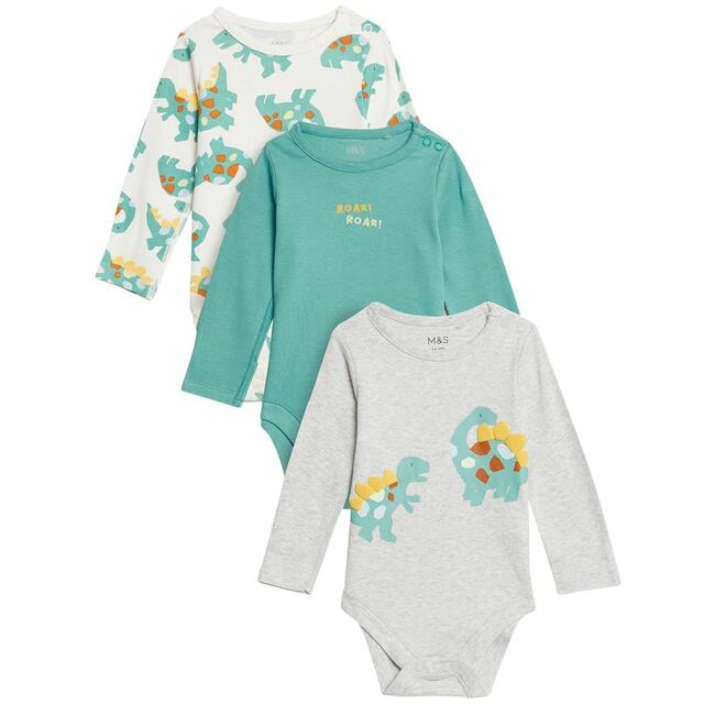 M&S Unisex 3pk Pure Cotton Dinosaur Bodysuits, 0-3 Months Green Mix