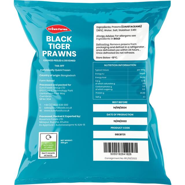 Crown Farms Cooked and Peeled Black Tiger King Prawns thumbnail 2