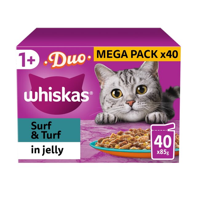 Whiskas 1+ Adult Wet Cat Food Pouches Surf & Turf Duo in Jelly
