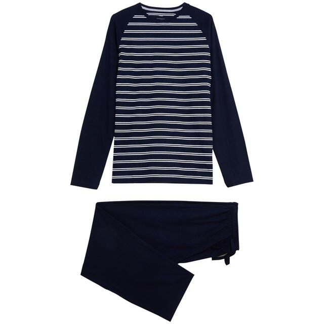 M&S Men's Pure Cotton Striped Pyjama Set, Navy Mix