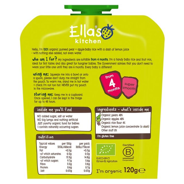 Ella's Kitchen Pear & Apple Baby Rice Baby Food Pouch 4+ Months thumbnail 2