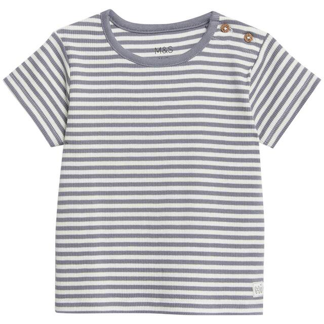 M&S Cotton Rich Striped T-Shirt, 6-9 Months, Medium Grey