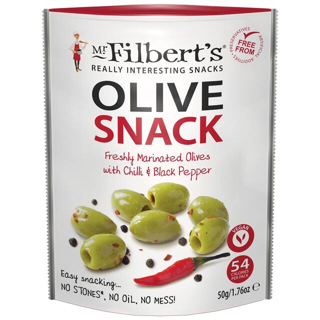Mr Filberts Olive Snacks Green Olives with Chilli & Black Pepper