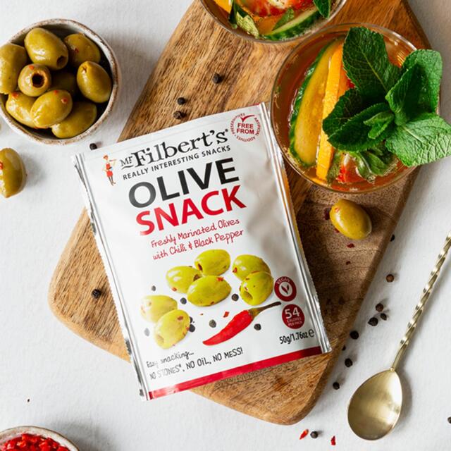 Mr Filberts Olive Snacks Green Olives with Chilli & Black Pepper thumbnail 2