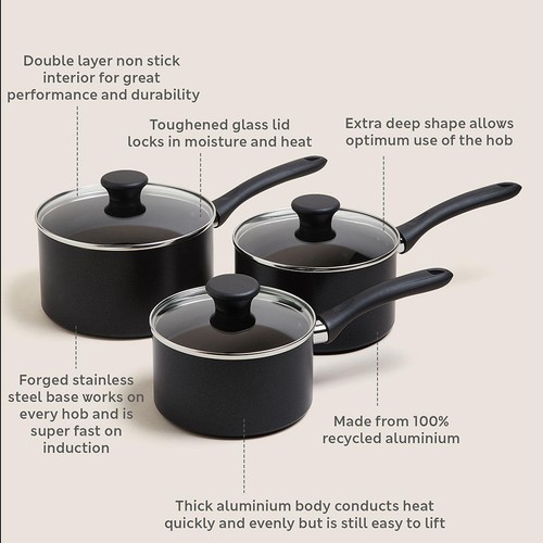 M&S Collection 3 Piece Black Aluminium Non Stick Pan Set 'One Size Black thumbnail 3