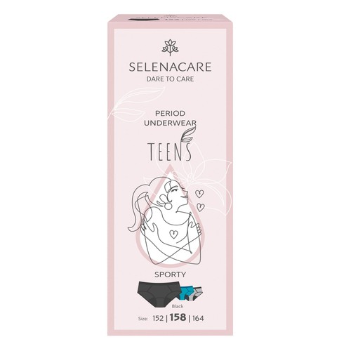 SELENACARE, TEENS, Period Knickers, Sporty, Black, Size 12-13 years 