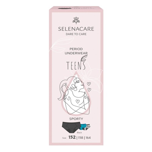 SELENACARE, TEENS, Period Knickers, Sporty, Black, Size 11-12 years