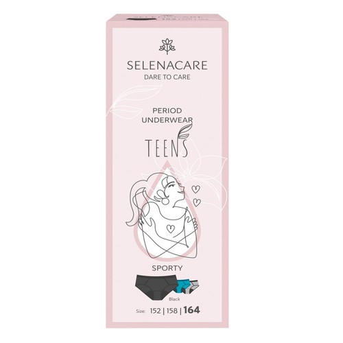 SELENACARE, TEENS, Period Knickers, Sporty, Black, Size 13-14 years