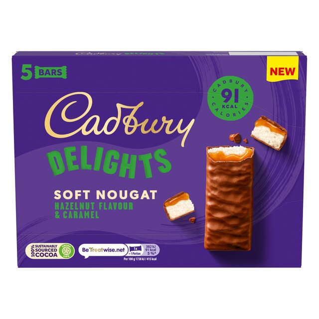 Cadbury Delights Soft Nougat Hazelnut & Caramel Chocolate Bars