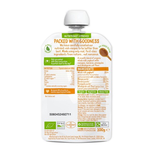 Piccolo Brekkie Mango & Pineapple Organic Baby Food Pouch 6mths+ thumbnail 2