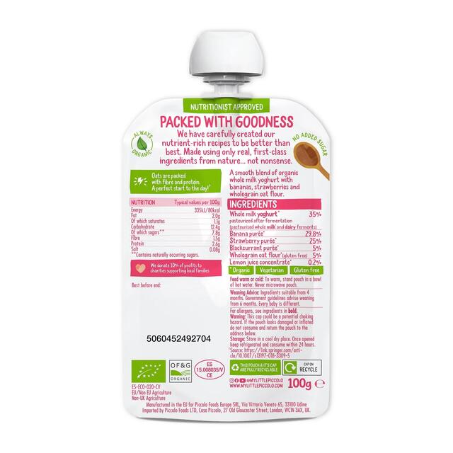 Piccolo Brekkie Strawberry & Banana Organic Baby Food Pouch 6mths+ thumbnail 2
