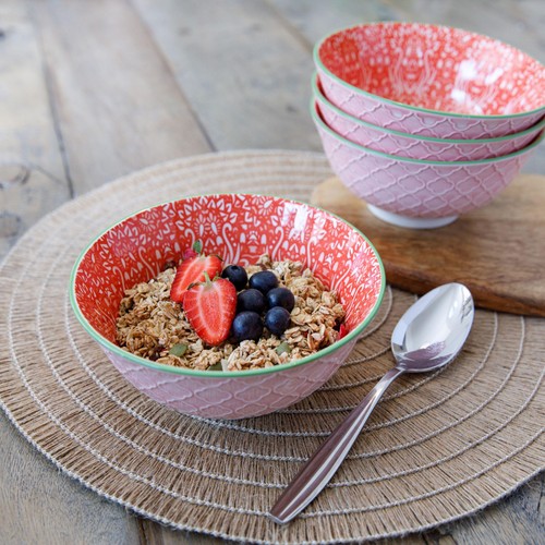 KitchenCraft Red and Pink Victorian Style Print Ceramic Bowls thumbnail 4