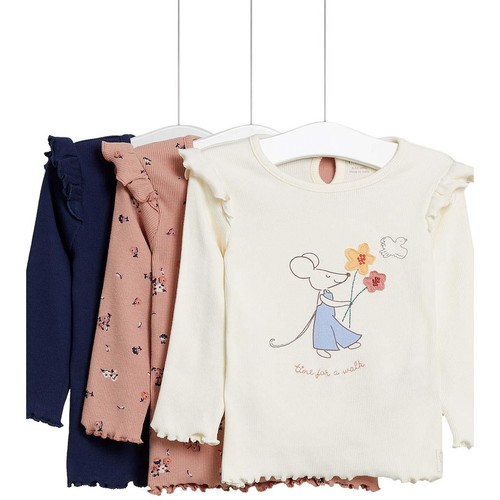 M&S Cotton Jersey Frill Sleeve Tops, 3 Pack, 0-3 Months