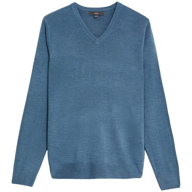 M&S Mens Cashmilon V-Neck Jumper, S Regular, Denim
