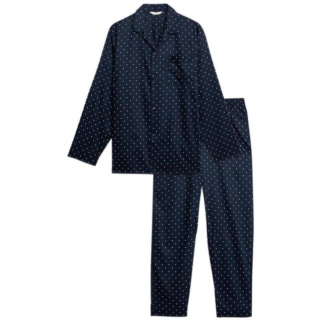 M&S Mens Pure Cotton Polka Dot Pyjama Set, L, Navy thumbnail 2