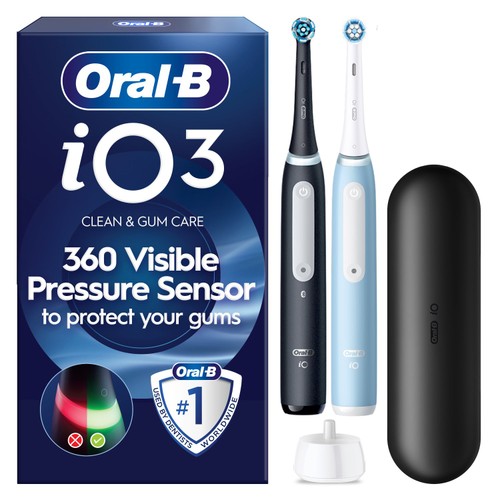 Oral-B iO3 Black & Blue Electric Toothbrush Duo Pack + Travel Case)