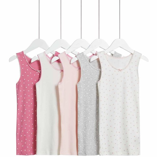 M&S Girls Pure Cotton Heart & Plain Vests, 5 Pack, 11-12 Years, Pink