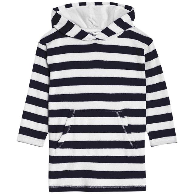 M&S Stripe Towelling Poncho, 2-7 Years, Navy