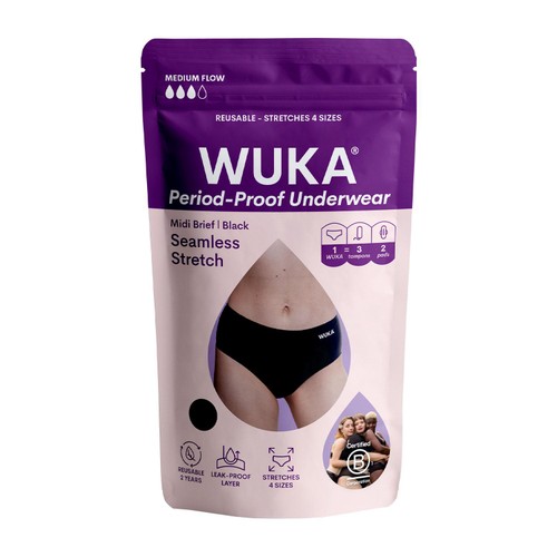 WUKA Stretch Seamless Period Pants, Midi Brief, Medium Flow, Size XL - 4XL