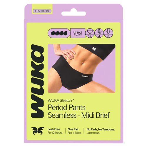WUKA Stretch Seamless Period Pants, Midi Brief, Heavy Flow, Size XL - 4XL