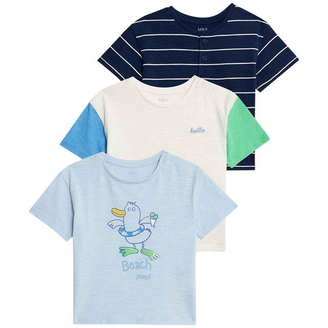 M&S Cotton Beach T-Shirts, 0-3 Months, Blue