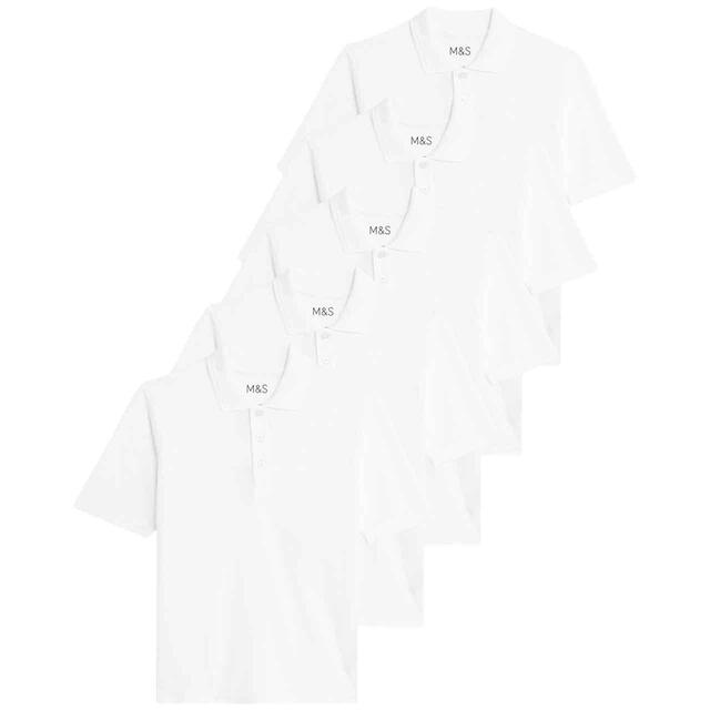 M&S 5pk Unisex Polo Shirt, 3-14 Years, White