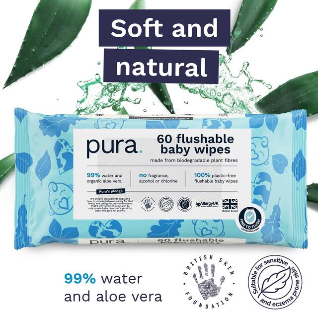 Pura Plastic Free Flushable Baby Wipes 12 x 60pk thumbnail 4