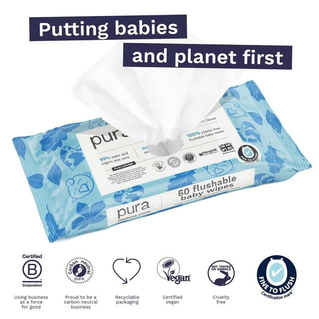 Pura Plastic Free Flushable Baby Wipes 12 x 60pk thumbnail 8