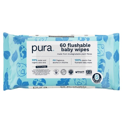 Pura Plastic Free Flushable Baby Wipes 3x60pk thumbnail 2