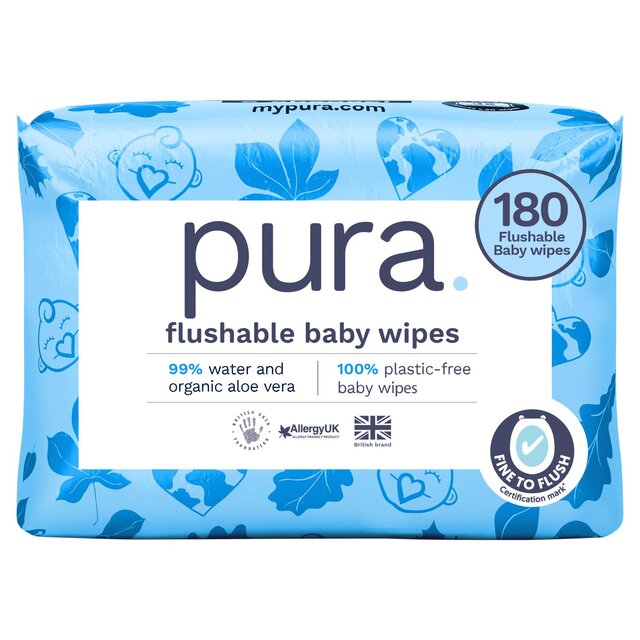 Pura Plastic Free Flushable Baby Wipes 3x60pk