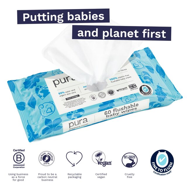 Pura Plastic Free Flushable Baby Wipes 3x60pk thumbnail 4