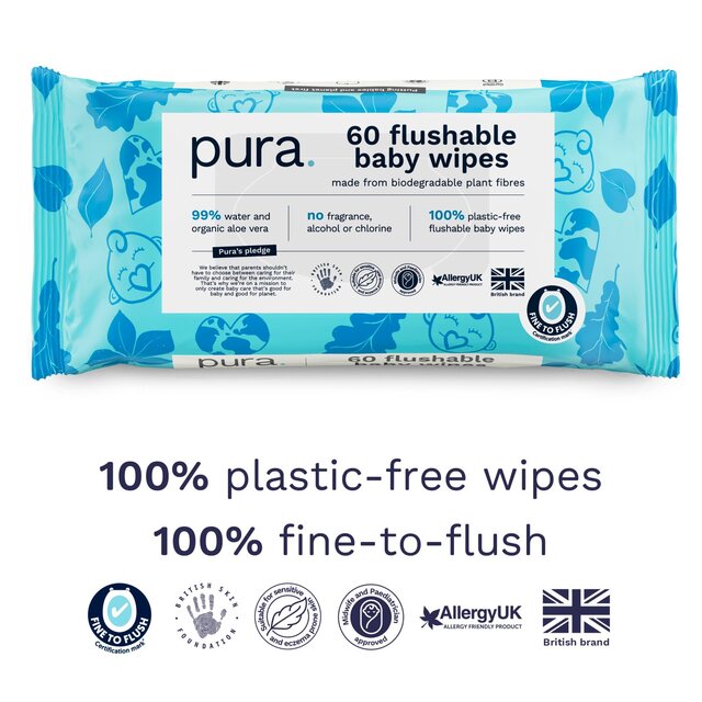 Pura Plastic Free Flushable Baby Wipes 3x60pk thumbnail 6