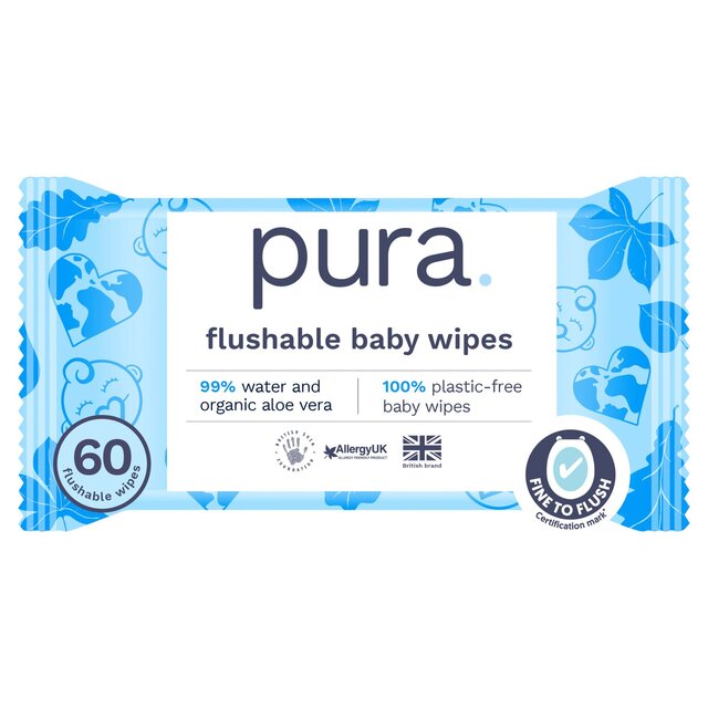 Pura Plastic Free Flushable Baby Wipes 60pk