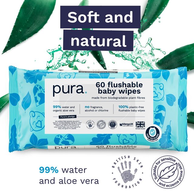 Pura Plastic Free Flushable Baby Wipes 60pk thumbnail 6