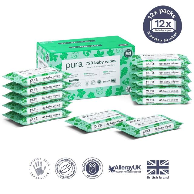 Pura Plastic Free Baby Wipes 12 x 60pk