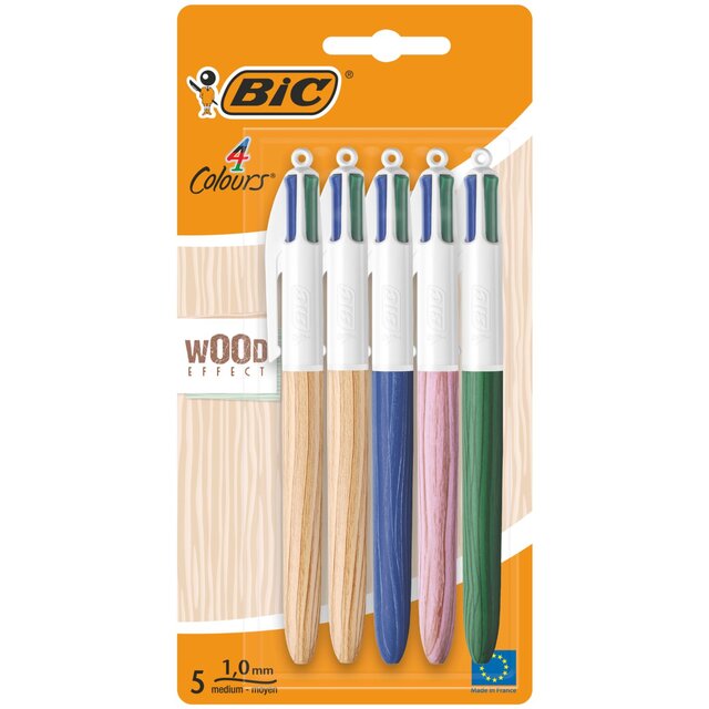 BIC 4 Colours Wood Retractable Ballpoint Pens, Pack of 5