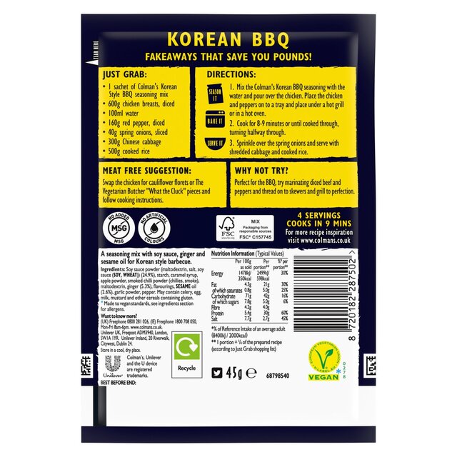 Colman's BBQ Korean Sauce Dry Packet Mix 45G thumbnail 7