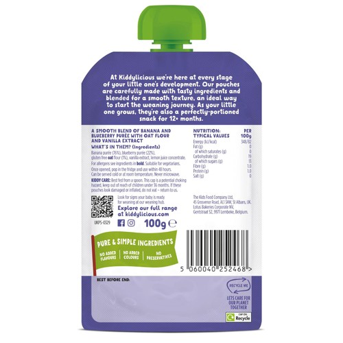 Kiddylicious Blueberry, Banana & Oat Bedtime Blend Pouch Baby Food 6m+ thumbnail 2