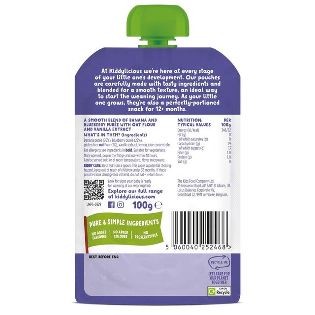 Kiddylicious Blueberry, Banana & Oat Bedtime Blend Pouch Baby Food 6m+ thumbnail 2