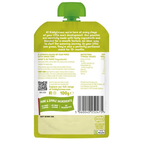 Kiddylicious Smooth Pear Pouch Snack Baby Food 6+ months thumbnail 2