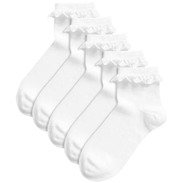 M&S Girls Cotton Blend Frill Socks, 4-7 Large, White 5 Pack